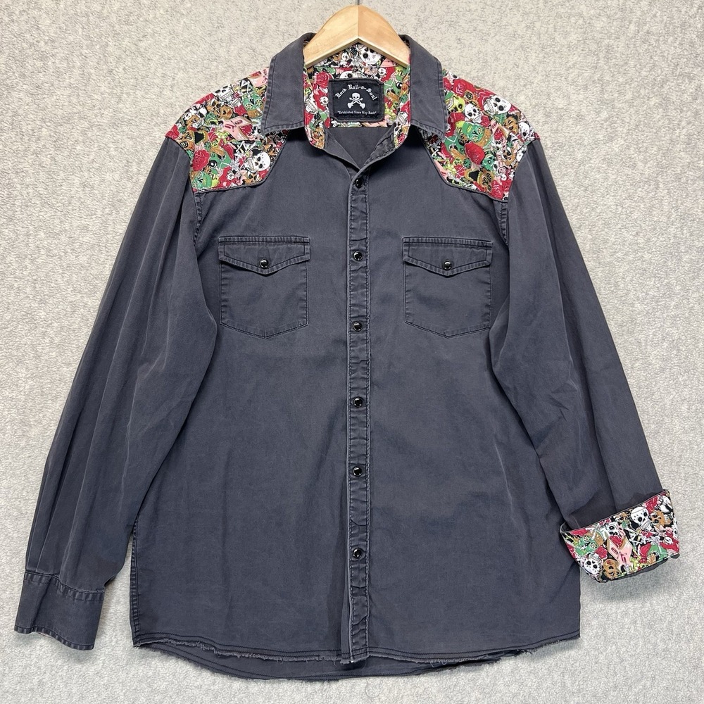 Rock Roll N Soul Mens XL Skull Tattoo Western Shirt Gray Snap Button Y2K Punk